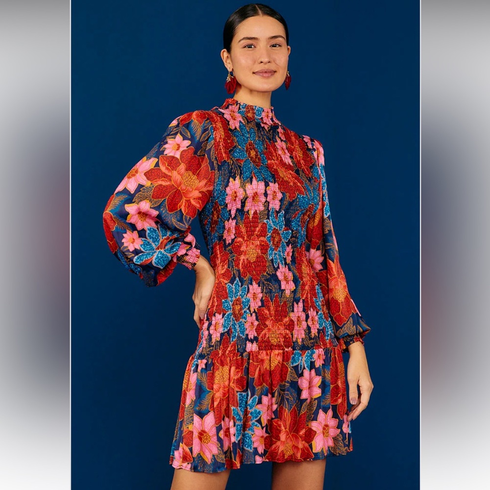 NWT FARM Rio Navy Garden Smocked Mini Dress Size L
